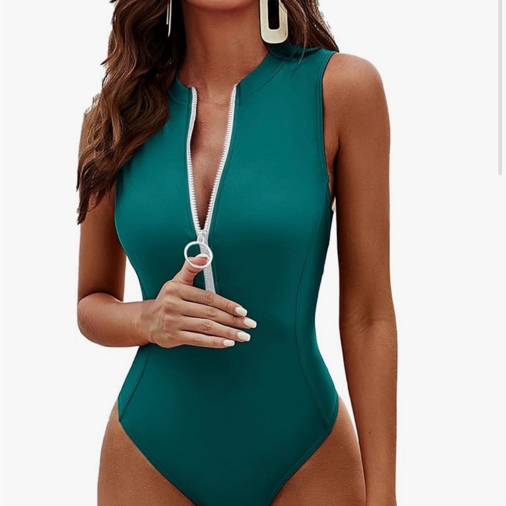 Elegant Teal Zip-Front One-Piece Swimsuit
